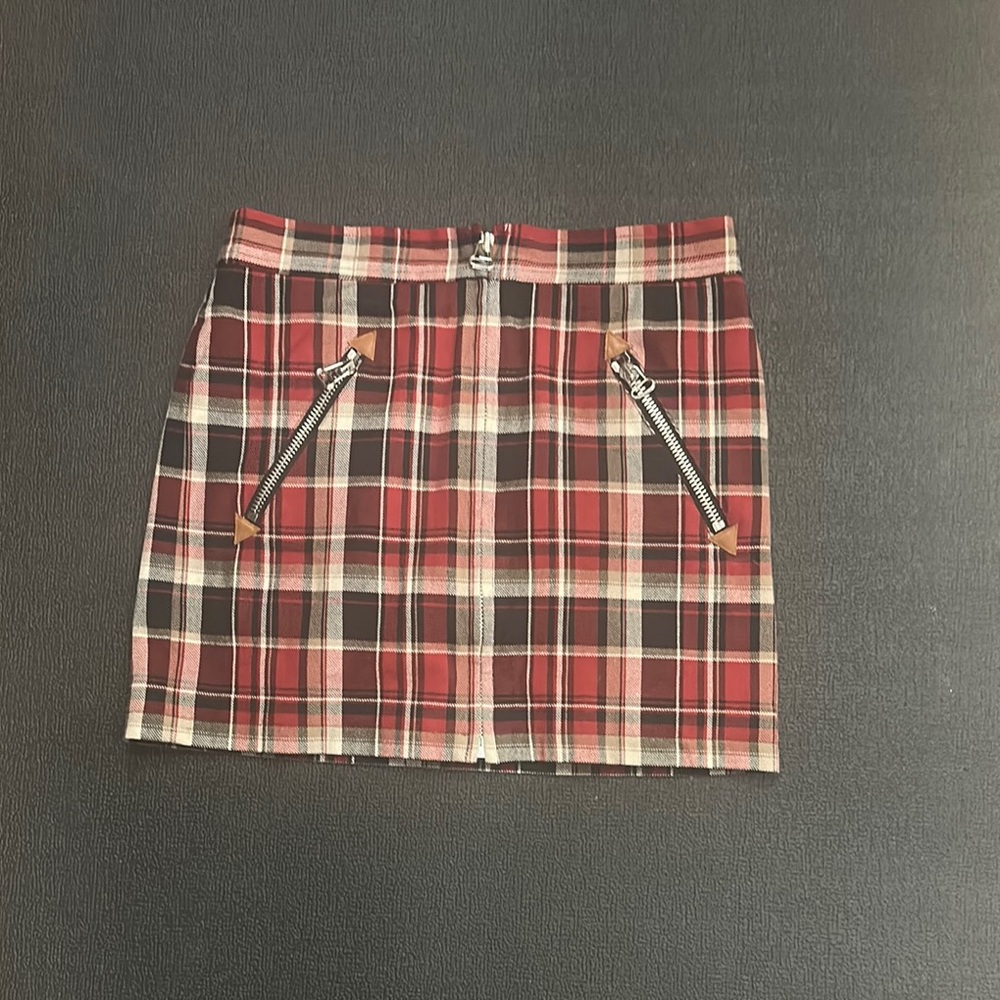 Rag & Bone Red Plaid Mini Skirt with Zipper Details